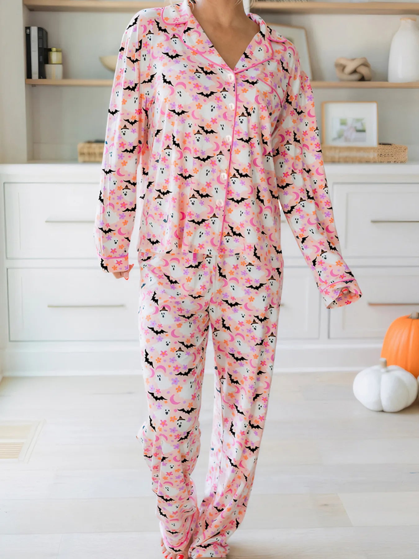 Women's ghost print pajama set with button-up top and pants
