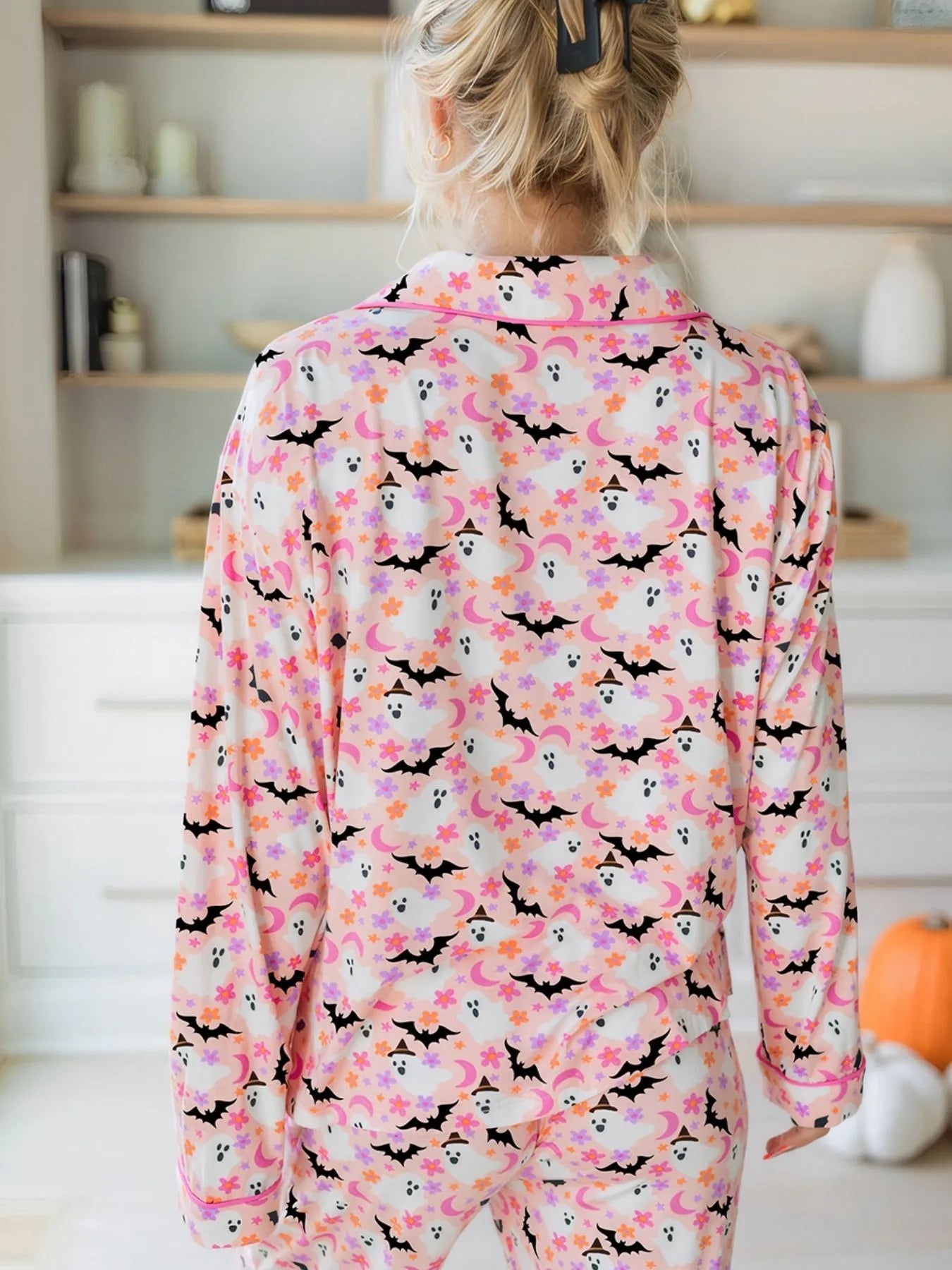 Close-up of ghost print pattern on loungewear set