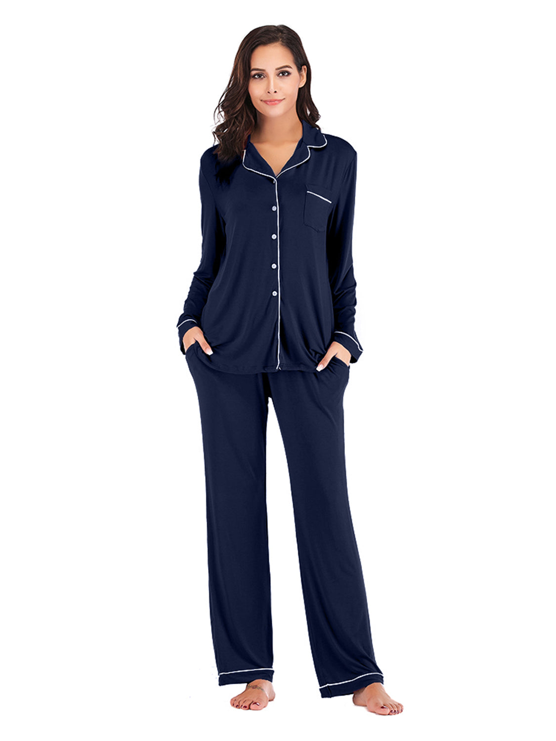 Close-up of the structured collar detail on the loungewear top.
