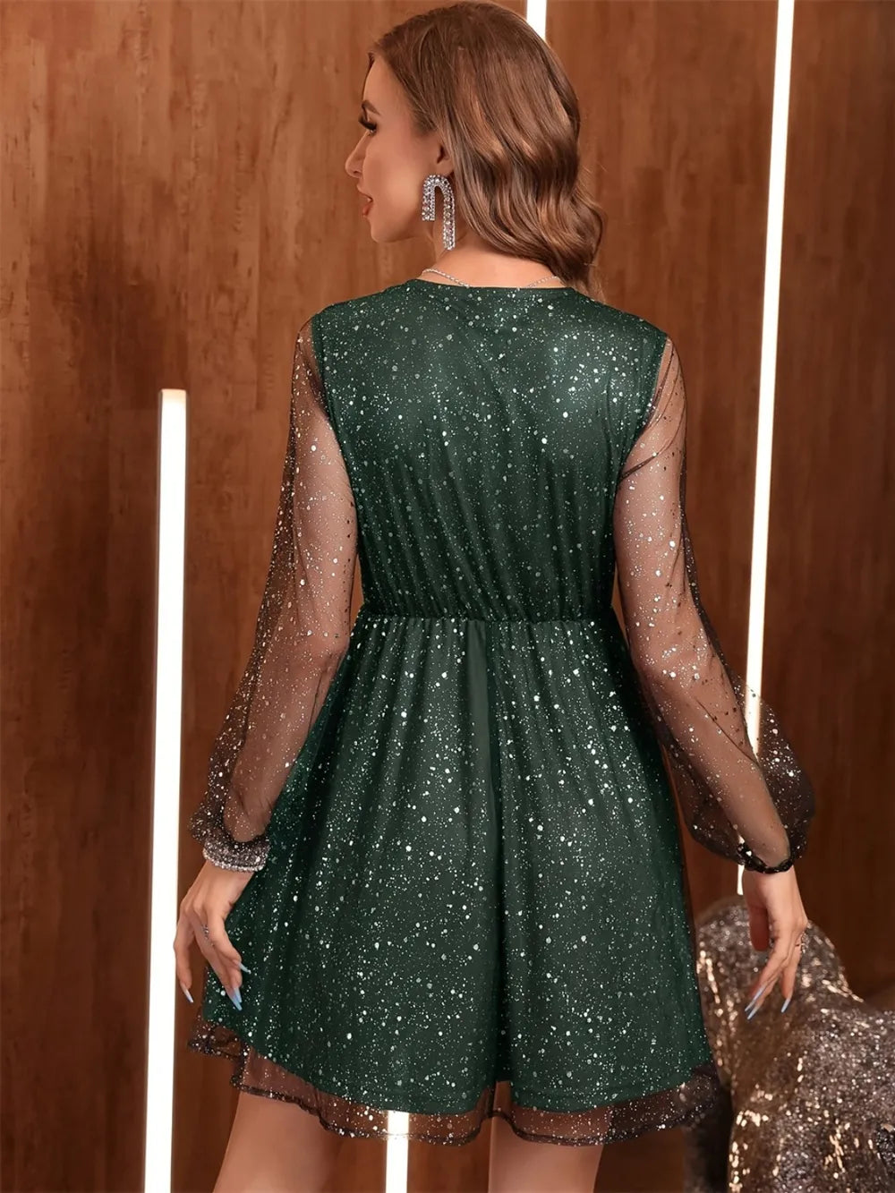 Back view of glitter long sleeve mini dress for women