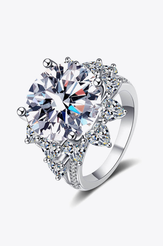 10 carat moissanite flower-shaped ring, front view showing floral design and brilliance.