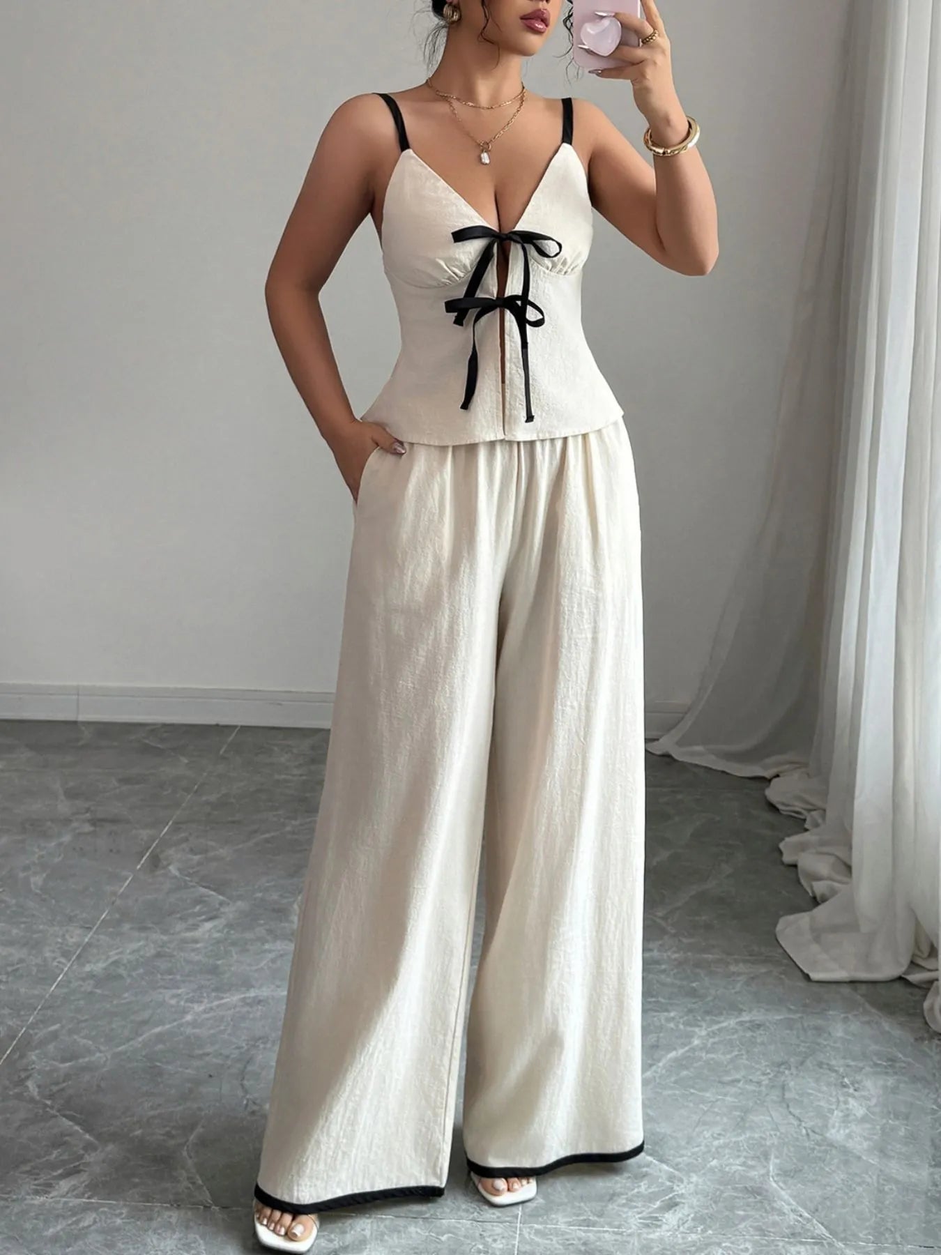 Side view showing the silhouette of the complete cotton set.