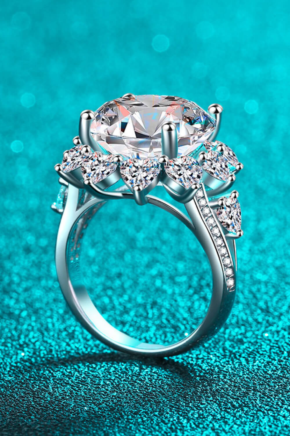 10 carat moissanite flower-shaped ring, front view showing floral design and brilliance.