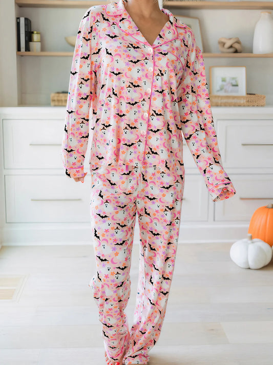 Women's ghost print pajama set with button-up top and pants