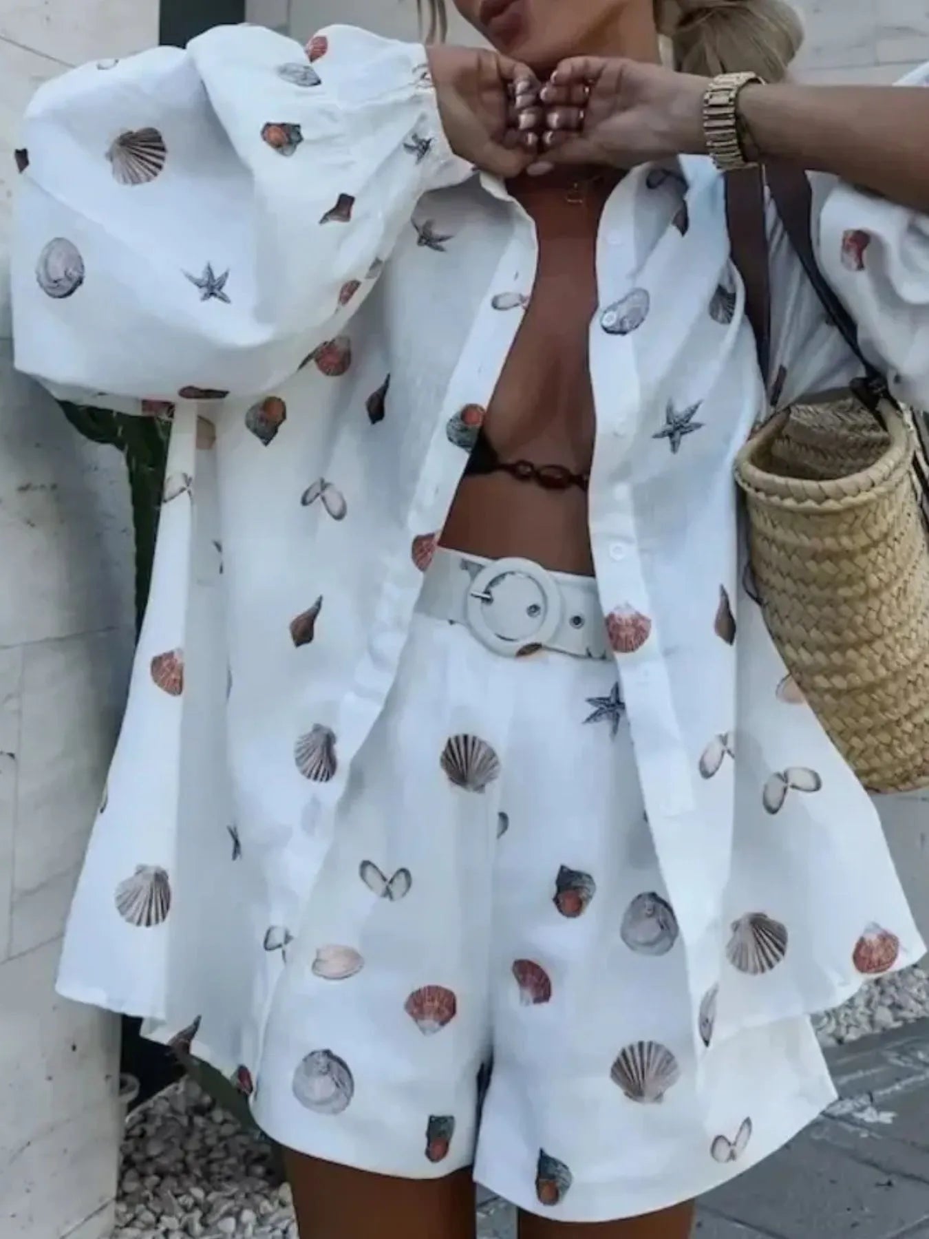 Printed matching set styled for summer vacation or resort wear.