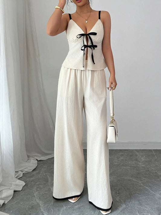 Tie front cami and wide leg pants matching set, front view. Imperio by Johana