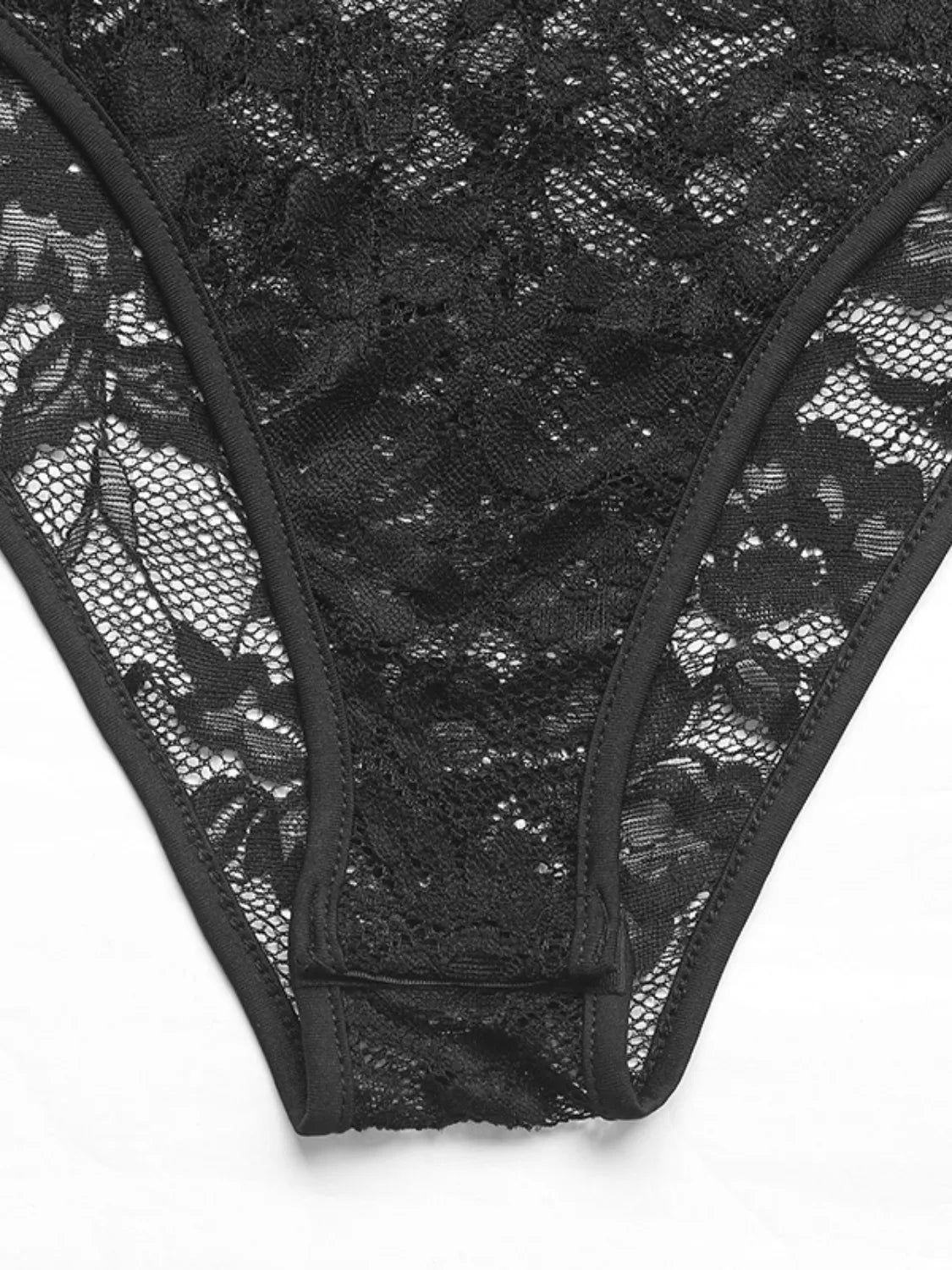 Sleeveless lace plunge bodysuit displayed flat for detail view