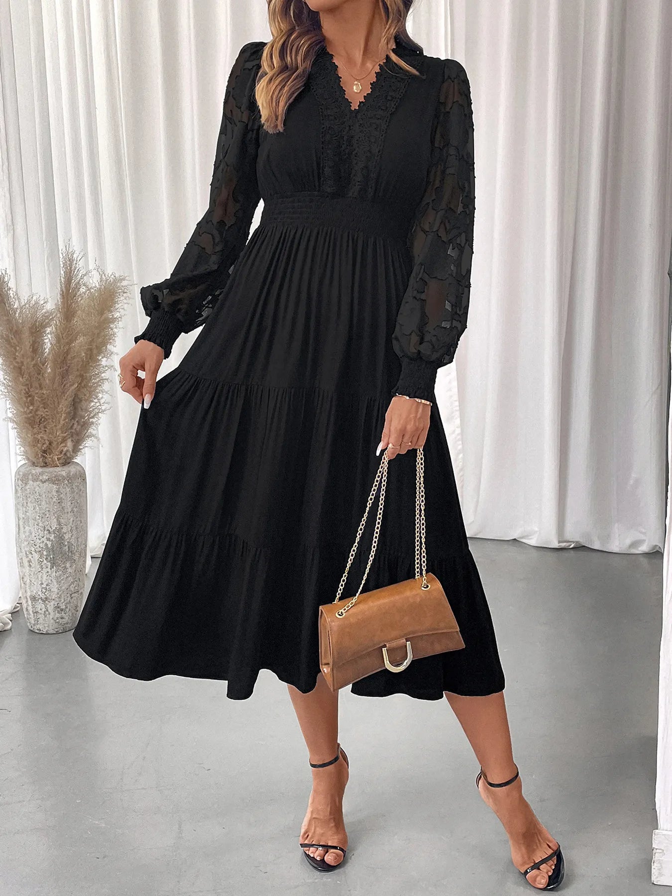 Side profile lace detail lantern sleeve boutique tiered dress