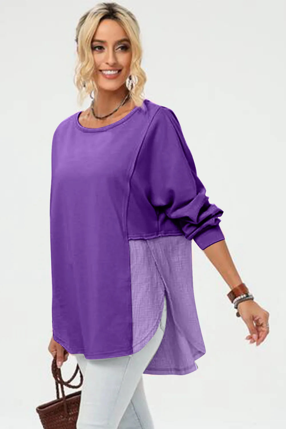 Purple long sleeve high-low t-shirt front – Imperio by Johana