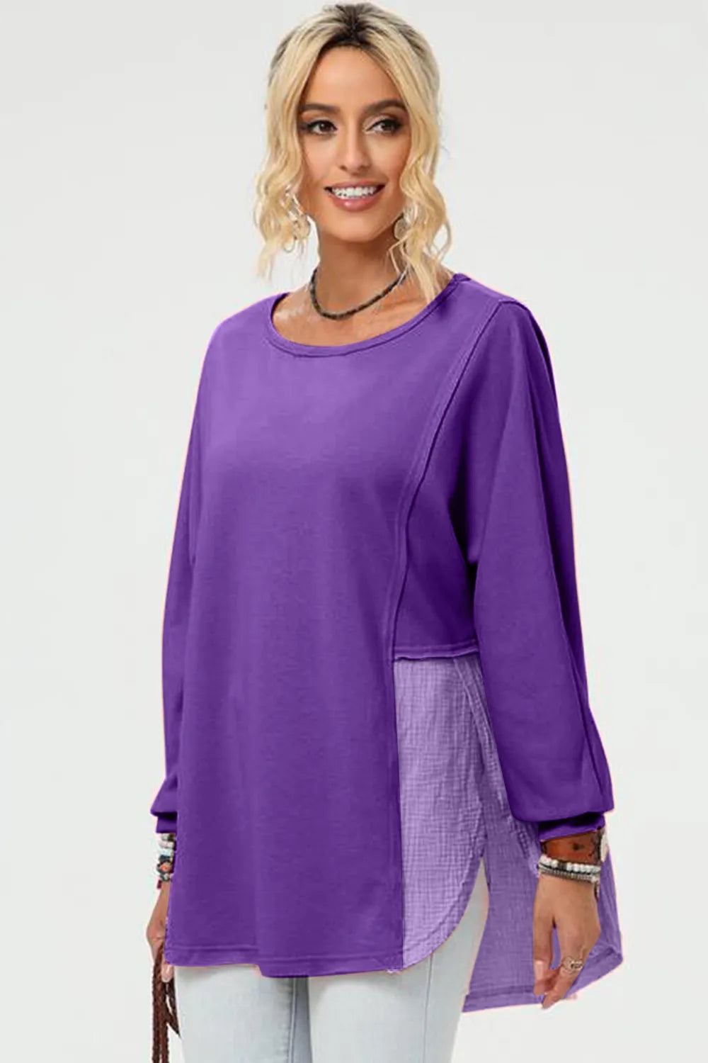 Purple high-low t-shirt side view – Imperio by Johana