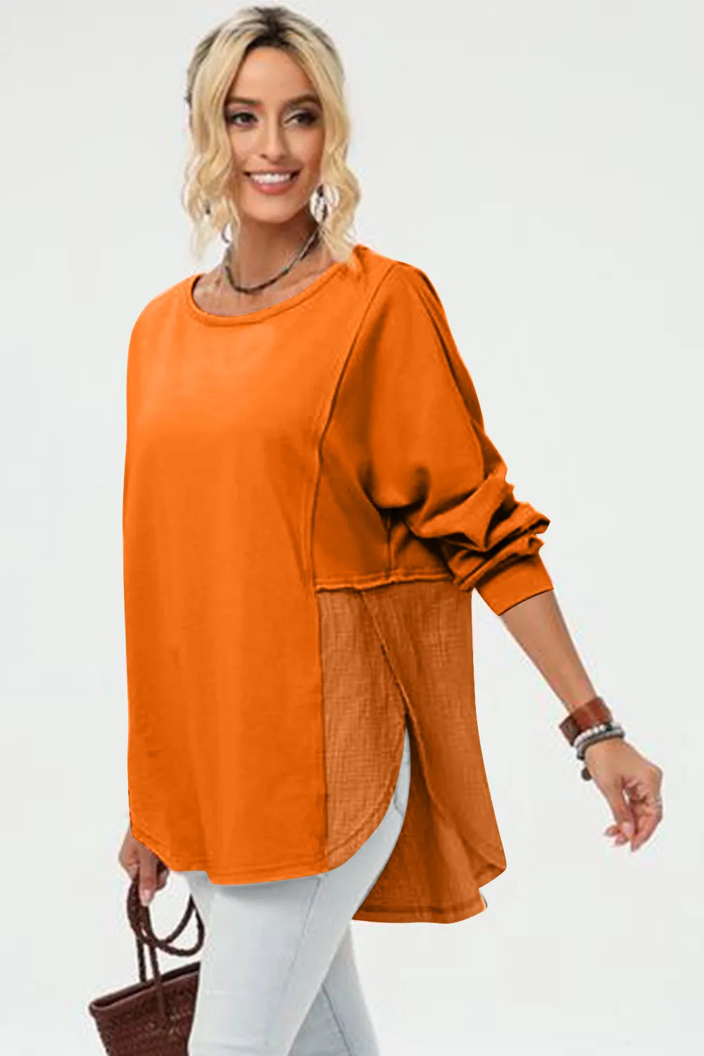 Tangerine long sleeve high-low t-shirt front – Imperio by Johana