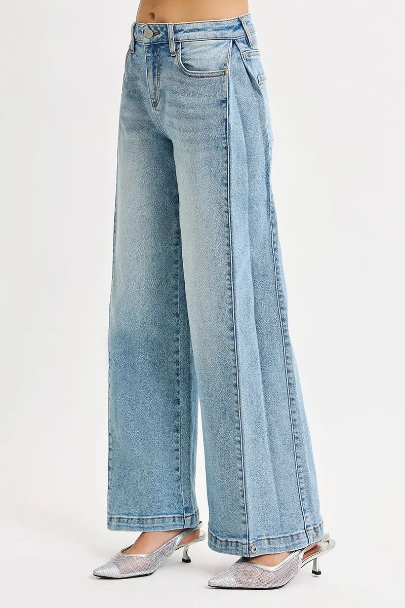 Side view of mid-rise wide barrel jeans with snap hem – Imperio by Johana