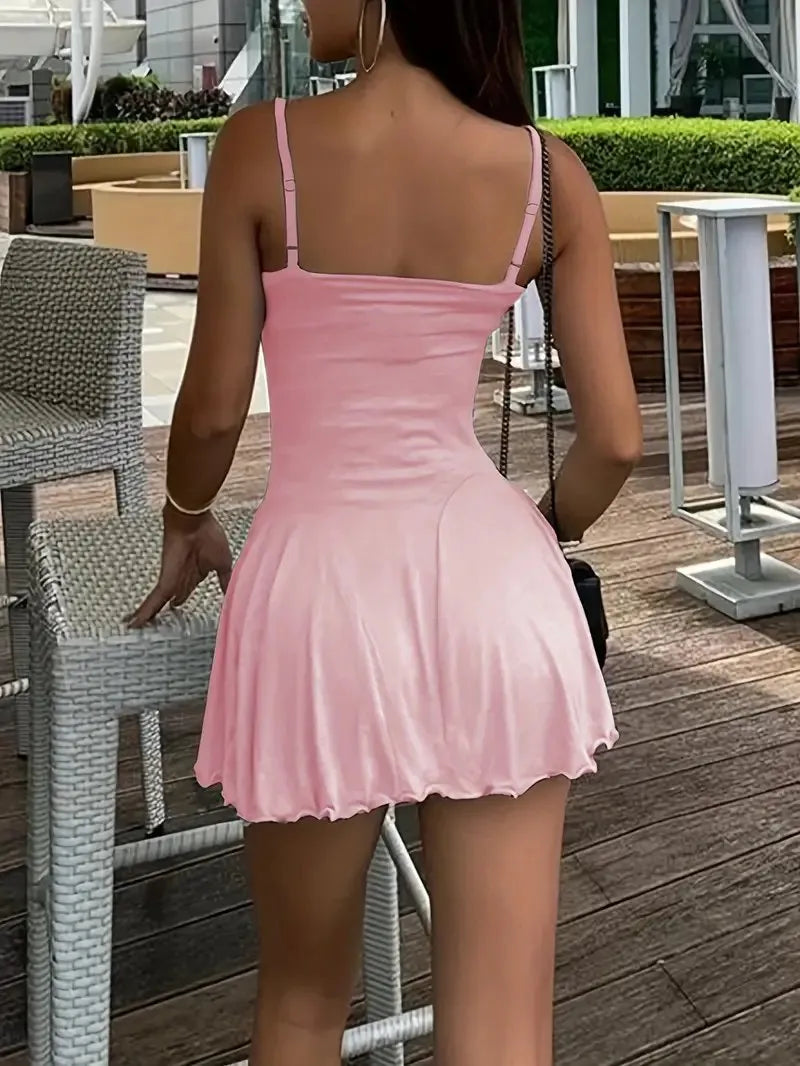 Pink ribbed long sleeve crop top and cami dress, back view, adjustable straps