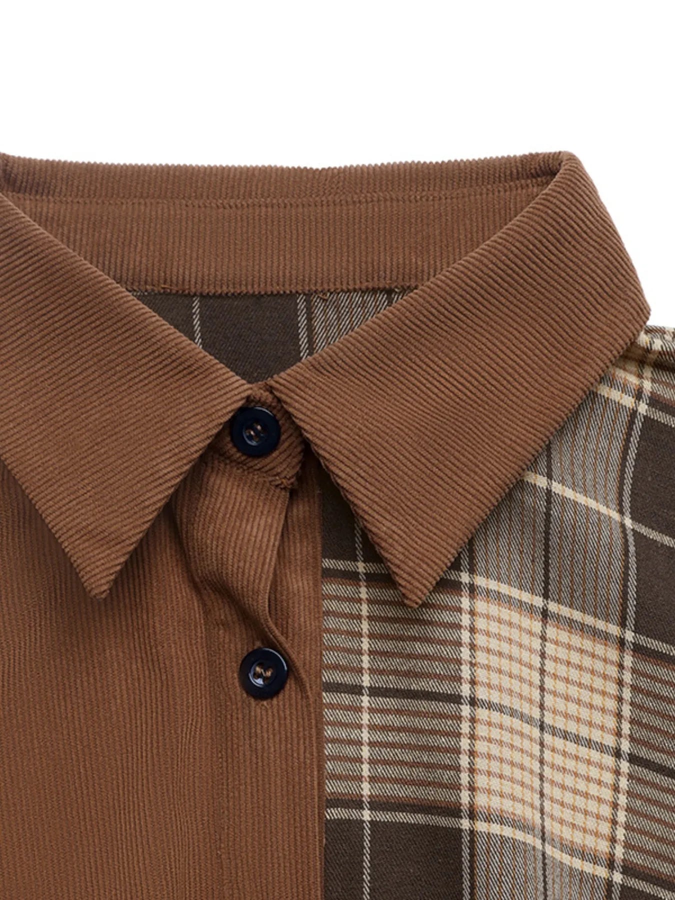 Flat lay of plaid long sleeve button front belted dress