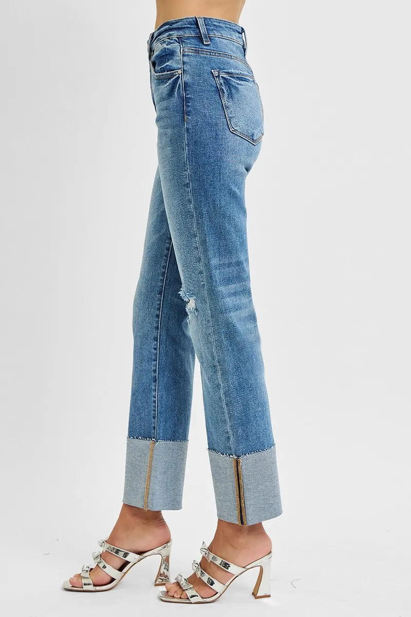 Side view of plus size straight jeans with wide cuff – Imperio by Johana
