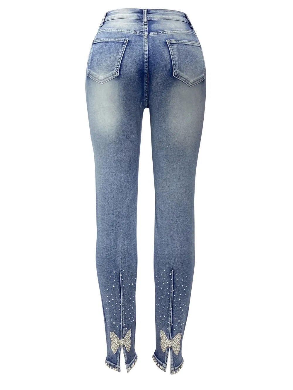 Back view of rhinestone skinny jeans with pockets – Imperio by Johana