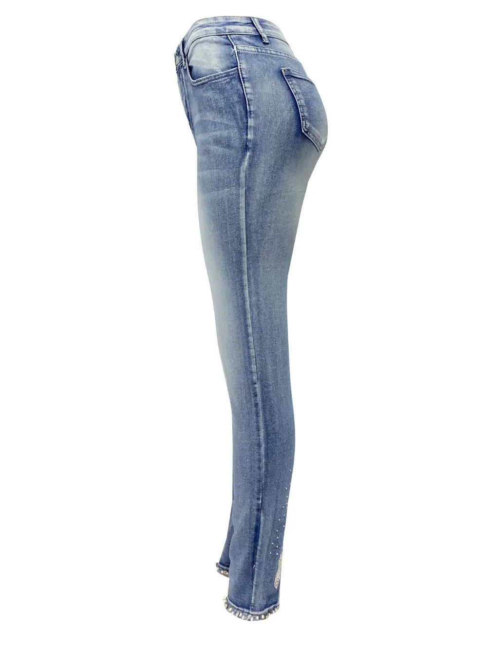 Side view of rhinestone skinny jeans showing slim silhouette – Imperio by Johana